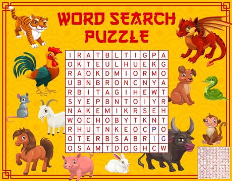 Chinese horoscope cartoon animals, word search puzzle or game worksheet, vector kids quiz. Find a word riddle game to find Chinese lunar horoscope animals or new year zodiac dragon, horse and snake
