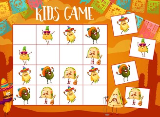 Sudoku game, Mexican tacos, churros and avocado, nachos and quesadilla characters, vector. Sudoku tabletop or kids board game with Mexico cartoon food characters with sombrero, guitar and maracas