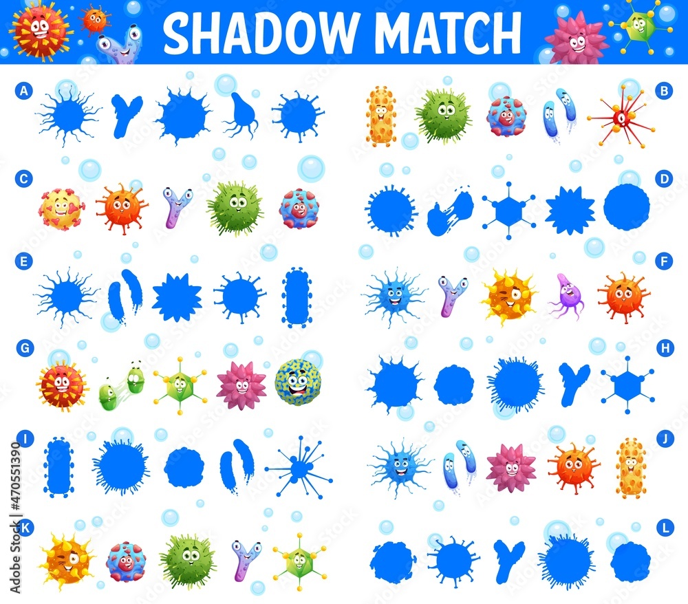 Poster shadow match maze game with cartoon viruses, microbes and pathogen cells smiling characters. childre