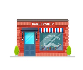 Barbershop service building storefront facade. Gentleman hairdresser salon, barber shop storefront with awning and scissors and mustaches sticker on window. City architecture, local business building