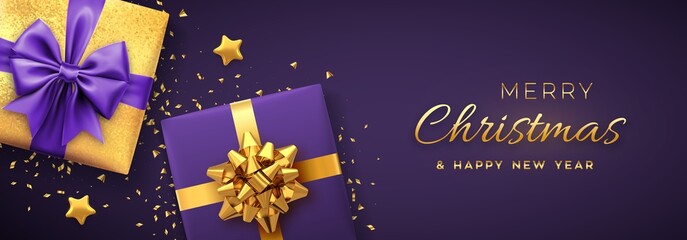 Christmas banner. Realistic gift boxes with golden and purple bow, gold stars and glitter confetti. Xmas background, horizontal christmas poster, greeting cards, headers website. Vector illustration.