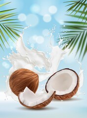 Coconut milk splash and palm leaves bokeh background. Realistic vector coconut with soft white pulp and liquid splashing at defocused backdrop with tropical plant branches. Organic natural product - obrazy, fototapety, plakaty
