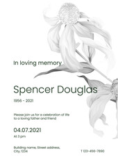 Modern memorial and funeral invitation card template design, white decorated with cutleaf coneflower - obrazy, fototapety, plakaty