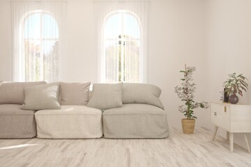 White living room with sofa. Scandinavian interior design. 3D illustration