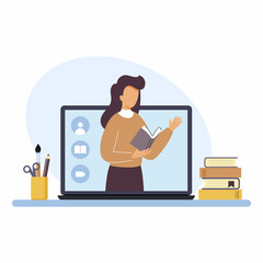 Woman teacher is reading book. Online training computer. Distance education. Digital classroom.