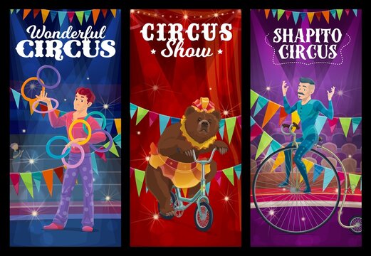 Shapito circus juggler, trained bear and acrobat on funfair carnival, vector. Shapito circus show banners or posters with juggler, acrobat on unicycle and bear on bicycle on circus stage
