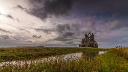 Whitby Abbey Yorkshire Late afternoon Misty Sunset Light Fog Time Lapse
