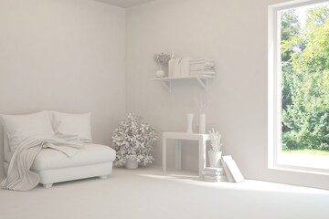 Mock up of stylish room in white color with armchair and green landscape in window. Scandinavian interior design. 3D illustration