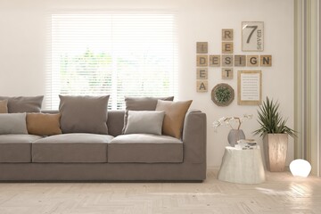 White living room with sofa. Scandinavian interior design. 3D illustration