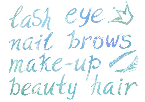 Watercolor artistic multicolor Set of Makeup elements a beauty theme on a white background. Hand written cursive calligraphy Letters, crown symbol and eyelash. Watercolour turquoise and blue gradient