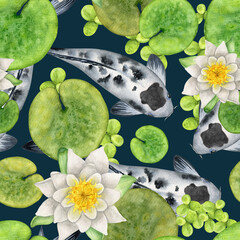 Japanese Koi fish and white water lily in pond watercolor seamless pattern. Fish background - obrazy, fototapety, plakaty