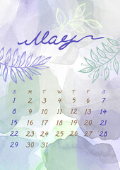 May month Calendar template for 2022 year. Watercolor green and violet splash and leaf. Week Starts Sunday