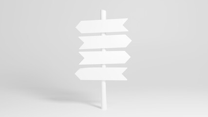White signpost with four left and right arrows. 3D rendered mockup.