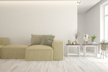 Soft color living room with sofa. Scandinavian interior design. 3D illustration