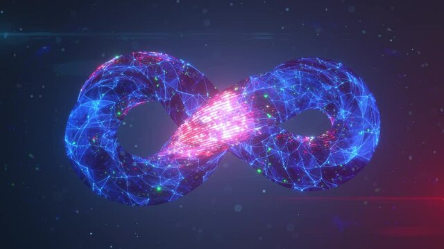 Infinity symbol with connected points and lines. Seamless loop 3D render animation