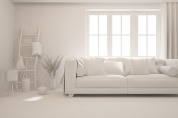 White minimalist living room with sofa. Scandinavian interior design. 3D illustration