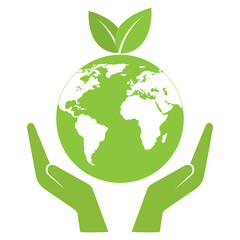 Ecology logo illustration. Human hands hold earth globe