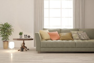 White living room with sofa. Scandinavian interior design. 3D illustration