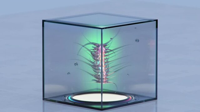 Alien specie in glass cube. Futuristic sci-fi seamless loop 3D render animation