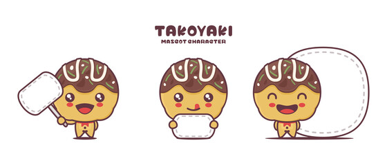 Cute Takoyaki mascot cartoon, with blank board banner, traditional Japanese food vector illustration