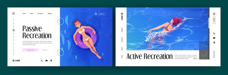 Passive and active recreation banners with girls swims in sea and floating on inflatable ring. Vector landing pages of relax and activity in water with cartoon illustrations of women swimming in ocean