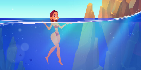 Woman swimming in sea, young sexy girl relaxing in ocean, floating in blue clear water at sunny day with rocks around. Female character in bikini relax on tropical resort, Cartoon vector illustration