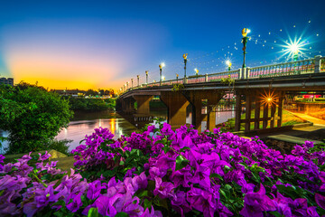 The color of Night traffic light on the road on the bridge (Eka Thot Sa Root Bridge) It's a bridge...