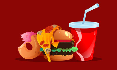 Fast food meals burger, pizza slice, donut and cola in red plastic cup with straw. Fastfood combo menu , takeaway restaurant, cafe, bistro dishes, unhealthy junk nutrition, Cartoon vector illustration