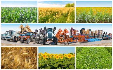 Collage about farm, agriculture, farming. Concept of equipment readiness for agricultural work -...