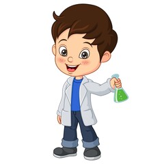Cartoon little boy scientist holding test tube