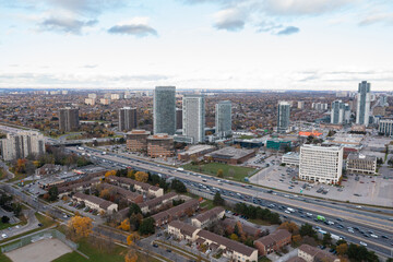 Fototapeta premium drone view of the don valley highway as well as condos traffic hotels and houses