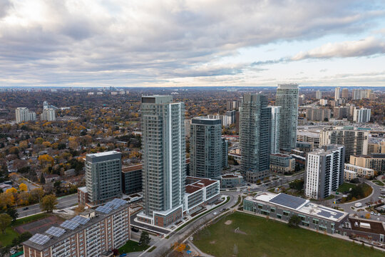 drone view of the don valley highway as well as condos traffic hotels and houses © contentzilla