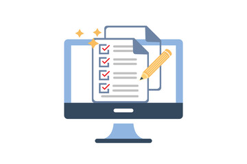 Online Signature and Web Document flat illustration. Computer with Document and Pencil vector color icon for website, application, printing, document, poster design, etc. vector EPS 10