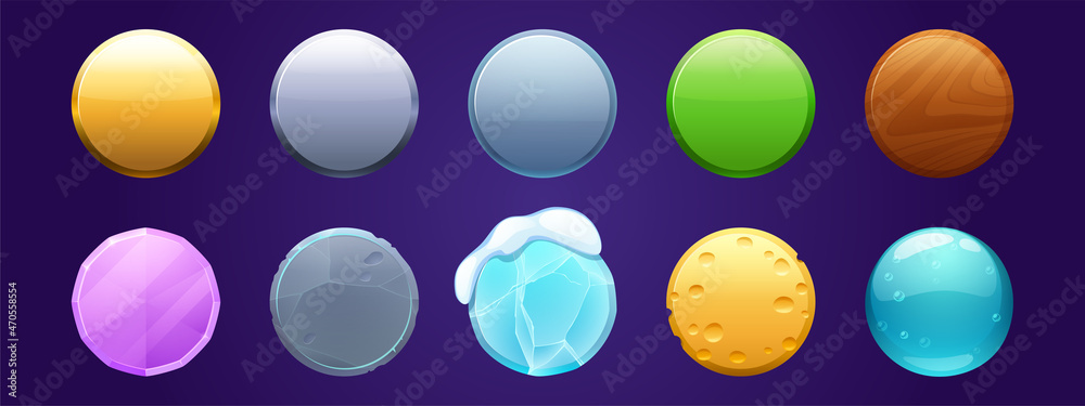 Poster game ui app icons, round buttons, cartoon menu interface textured blocks. gui graphic design element