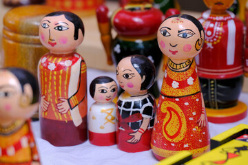 Traditional handmade Colorful toys made from wood, wooden toys, family, selective focus.