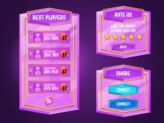 Diamond game menu, gamer ui panel with buttons, pink cartoon crystal interface with gui elements. Best players, rate us, share and connect boards with user profiles, rating stars isolated vector set - obrazy, fototapety, plakaty