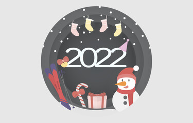 Merry Christmas and happy new year 2022 paper cut with falling snow and decoration. Vector Illustration Eps10.