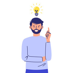 The character finds a solution. Problem solving, good ideas. Question-answer concept, thinking process