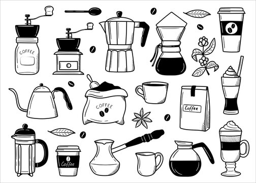 large set of coffee in doodle style.
