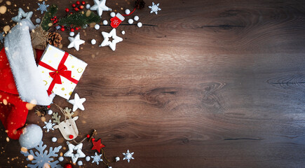 Christmas composition of Christmas decoration on Brown wooden background