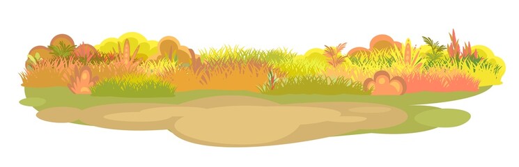 Fototapeta na wymiar Meadow. Autumn grassy glade. Grass close up. Rural beautiful landscape. Wild uncut lawn. Cartoon style. Flat design. Isolated on white background. Illustration vector art
