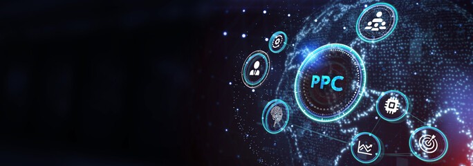 Pay per click payment technology digital marketing internet concept of virtual screen. PPC 3d illustration