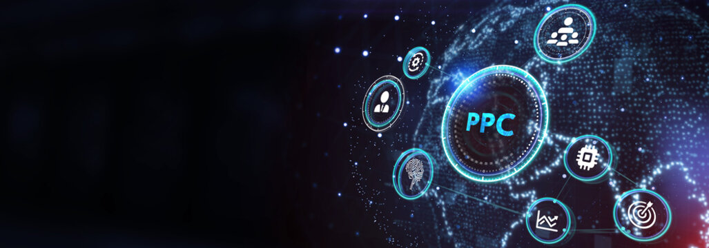 Pay per click payment technology digital marketing internet concept of virtual screen. PPC 3d illustration
