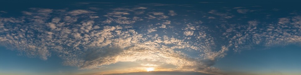 Dark blue sunset sky pano with Cirrus clouds. Seamless hdr panorama in spherical equirectangular format. Complete zenith for 3D visualization, game and sky replacement for aerial drone 360 panoramas.