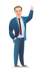 Successful businessman. Cheerful persons in standing pose. Man in business suit and tie. Cartoon comic style flat design. Separate character. Illustration isolated on white background. Vector