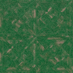 Painted wooden parquet with scuffs and chipped paint. Green parquet background is close. Worn wood 3D-rendering.