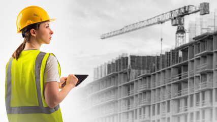 builder looks at construction of house. Woman builder with tablet. Panel house under construction is black and white. Engineer girl was thinking about something. Tower crane house, soft focus
