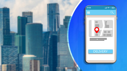 Delivery of goods around city. Smartphone with map and delivery label. Application for tracking order on map. Mobile application for calling courier. Courier application. City skyscrapers are blurred