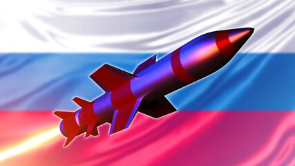 Rocket on background of Russian flag. Rocket symbolizes intercontinental weapons. Cruise missile close-up. Armament of Russian Federation. Russian intercontinental weapons. 3d rendering. - obrazy, fototapety, plakaty