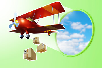 Express airplane. Concept - delivery of parcels by drone. Unmanned aircraft with parcels. Biplane delivery service. Air mail service. Air courier plane on green background. 3d rendering.